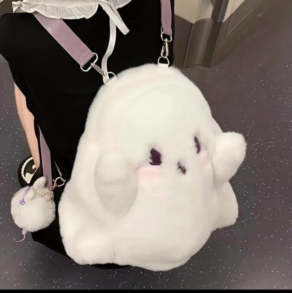NEW Ghost Backpack Cute kawaii White Fuzzy Plush Purse Bag